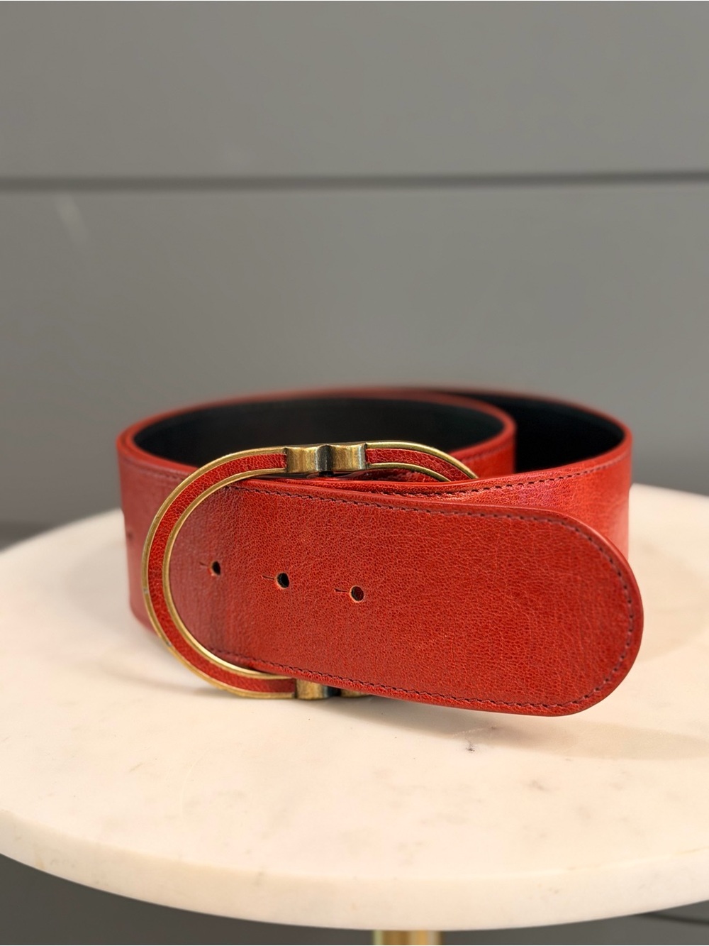 Sézane Wide Red Leather Belt with Double Ring Buckle